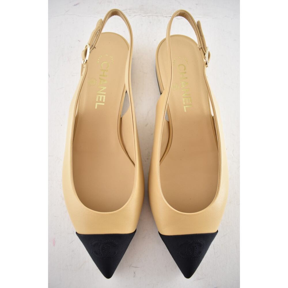 Chanel 24A Beige Leather Black CC Logo Coco Slingback Pointed Ballet Flat 41 - Picture 12 of 16